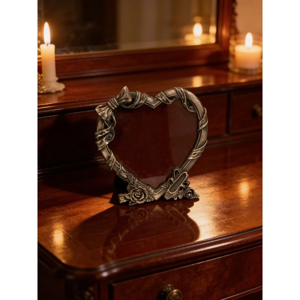 Vintage Pewter Heart Shaped Photo Frame with Rose and Bow Motif
